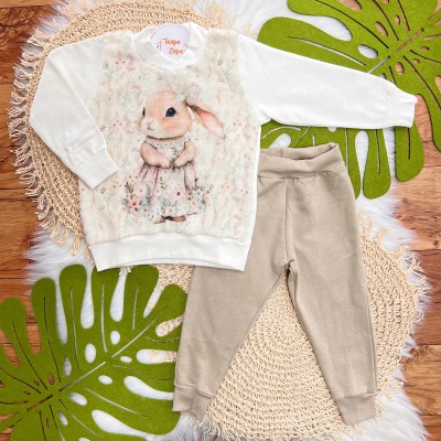 Conj. Blusa de Moletom com Pelinho Coelhinha e Calça de Moletinho - Off White e Areia
